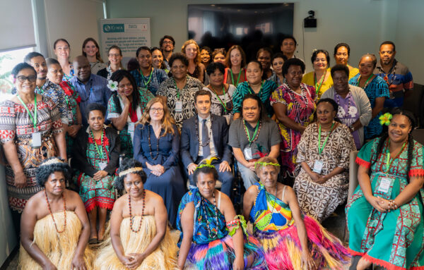 French Ambassador to Vanuatu, His Excellency Dr. Jean-Baptiste Jeangène Vilmer, ActionAid, GNDR, the Kiwa Secretariat and partners from Vanuatu, Kiribati, Tonga and Fiji stand together in a group photo to launch the Kiwa Pacific CIRCLE project in Port Vila, Vanuatu.